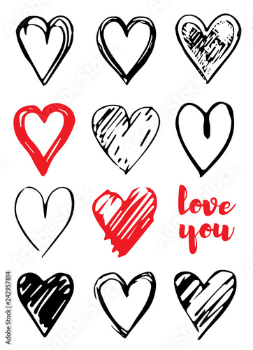 Valentine s day card design with hearts, Love you slogan. Vector illustration set for poster, gift tag, greeting card, t-shirt priny. Trendy hand drawn doodle style, cool icon set isolated on white photo
