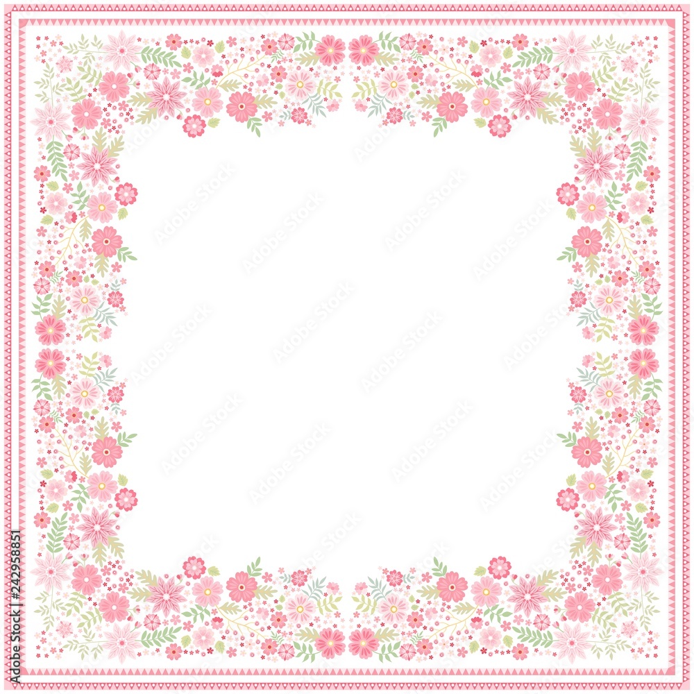 White bandana print with beautiful floral border with light red flowers and green leaves in vector. Square card with space for text.