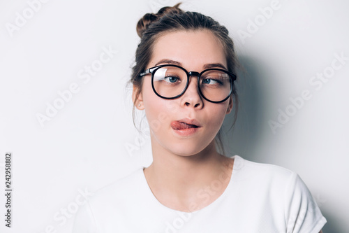 Canvas Print Close up indoor fashion lifestyle portrait of cool pretty young brunette girl, amazing