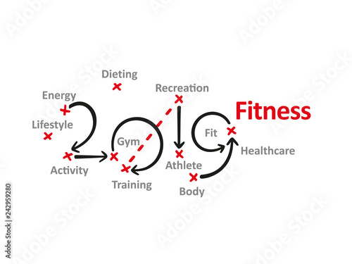 Fitness New Year 2019 word cloud red marks white background vector
