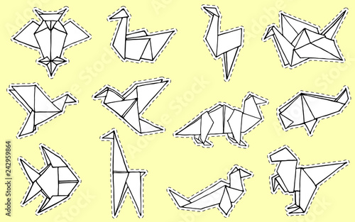 Origami animals collection. Hand drawn origami doodle set. Can be use like a logo, icon or sticker. Minimalistic vector illustration