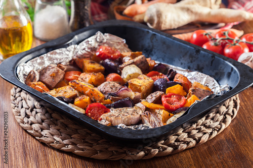 Roasted vegetables on baking metal tray