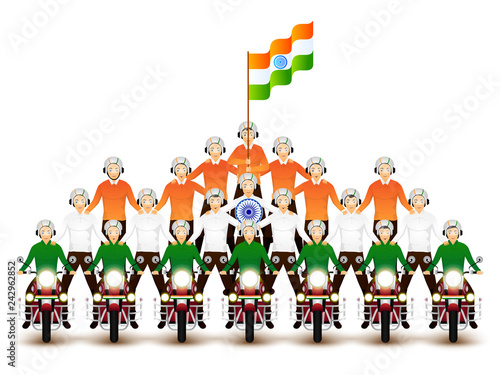 Character of bike riders performing stunts on the occasion of Indian national holiday.