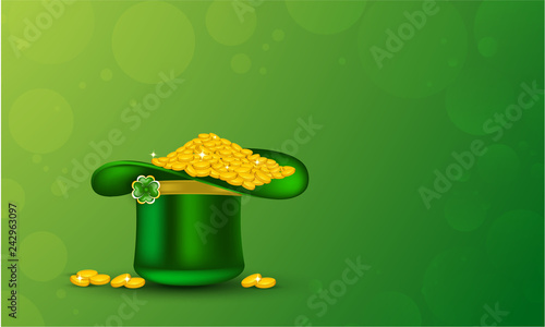 Green leprechaun hat full of gold coins on glossy green background for St. Patrick's Day celebration concept.