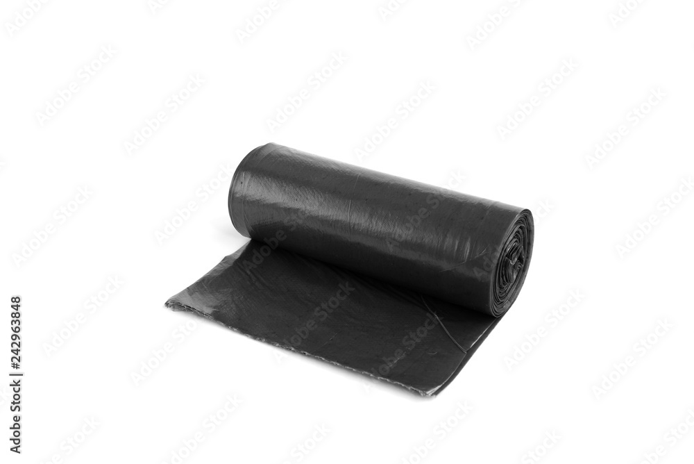 Black garbage bag isolated on white background.
