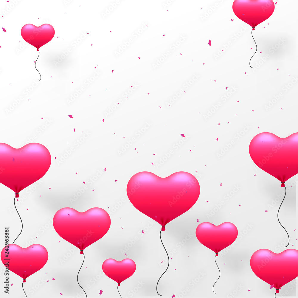 Glossy heart shape balloons flying on confetti background for Valentine Day greeting card design.