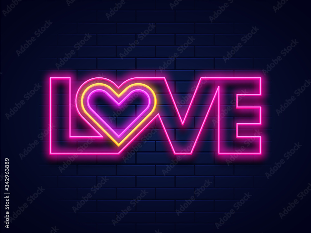 Love typography with neon lighting effect on blue brick wall background for valentine's day celebration concept.