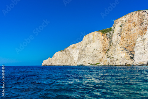 Greece, Zakynthos, Boat tour cruising along the cliffy coast to shipwreck beach