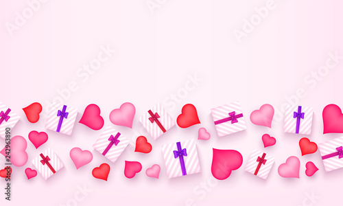 Top view of gift boxes and heart shapes decorated on pink background for Valentine's Day poster or greeting card design.