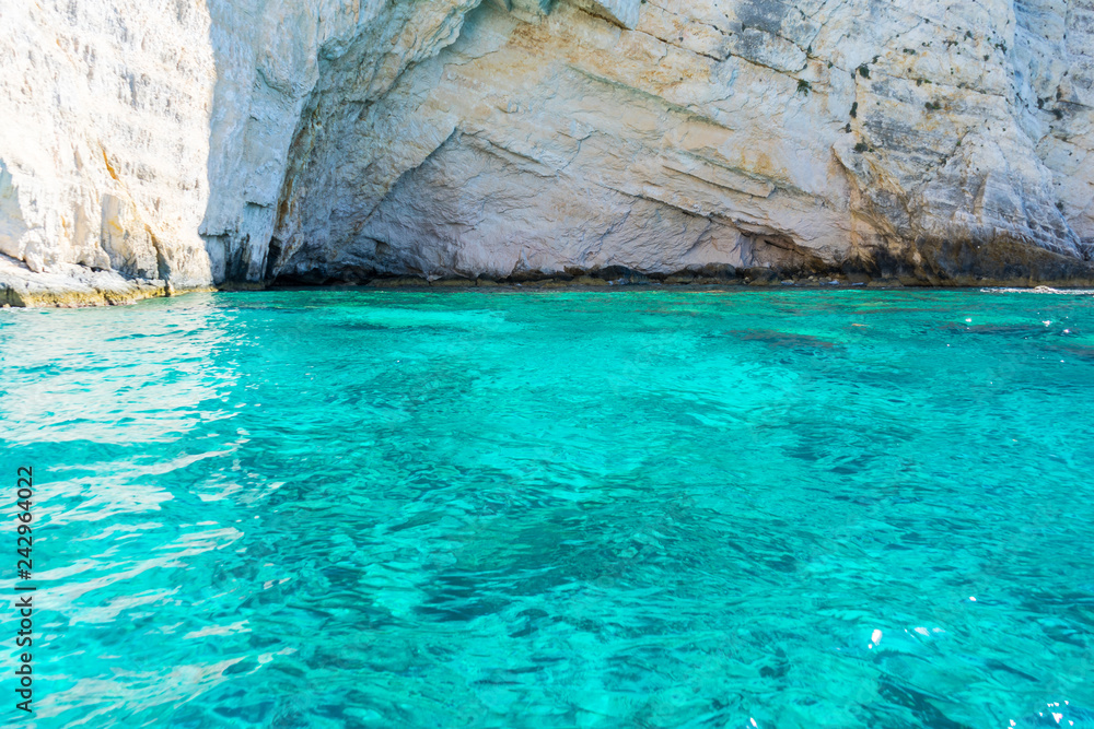 Greece, Zakynthos, Paradise like azure waters at white chalk rock cliffs of zante coast