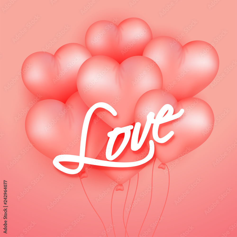 Stylish lettering of love with realistic heart shape balloons decorated on pink background. Valentine's Day greeting card design.