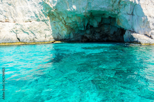 Greece, Zakynthos, Amazing shiny blue caves from azure waters