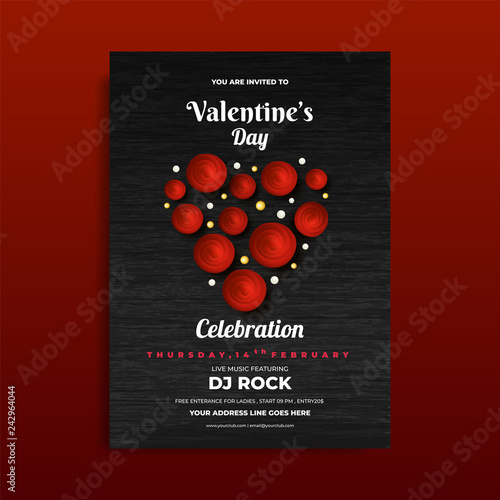 Valentine's Day celebration template or flyer design with creative heart shape on black texture background.
