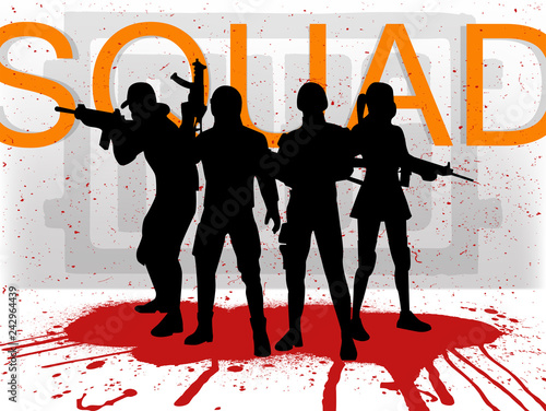 A squad of 4 PUBG players. Silhouettes of 4 people in uniform, PlayerUnknown’s Battlegrounds team. Vector illustration Squad pubg