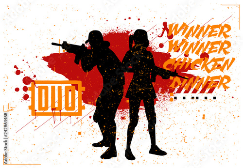 Duo woman and man in PUBG, military team, concept of games PlayerUnknown’s Battlegrounds, silhouettes of military in style grunge and slogan: winner winner chicken dinner. Vector PUBG, grunge style