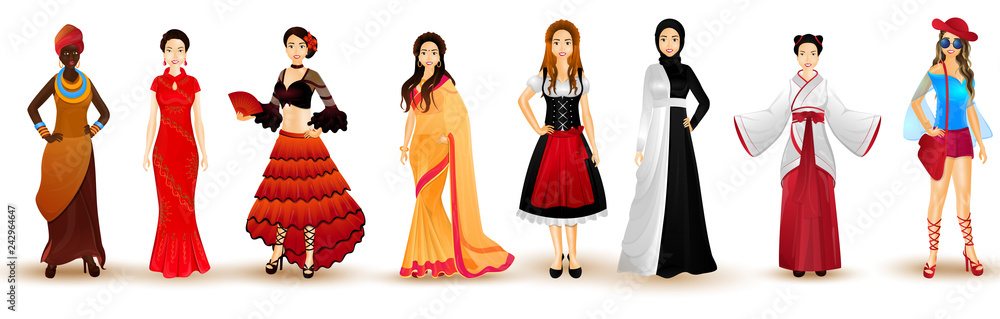 Character of beautiful girls in traditional costume for