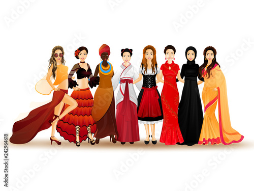 Character of beautiful girls in traditional costume for representing their culture and country.