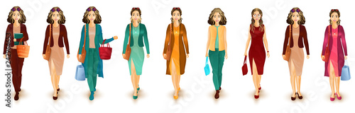Set of Urban girls character in western outfit on white background.