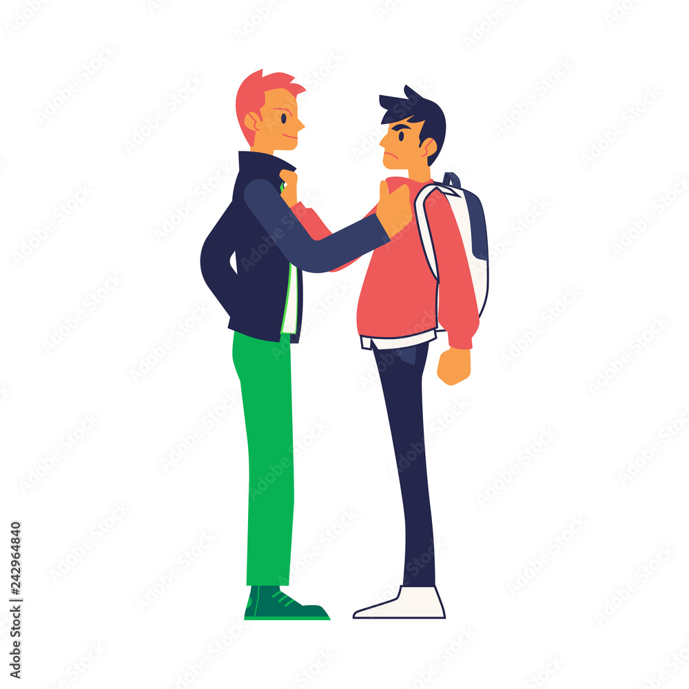 Vector physical conflict concept with two young men with angry facial expression grabbing each others collars. Male characters acting with violence. Isolated illustration