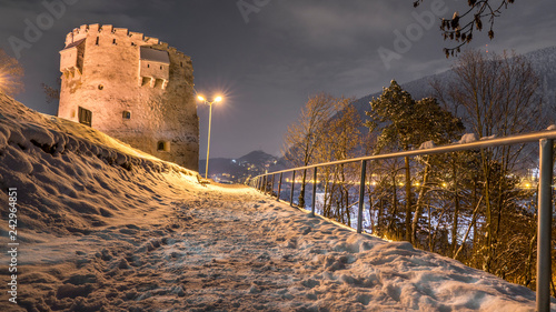 White Tower Brasov, Romania. Night view after a snowfall. photo