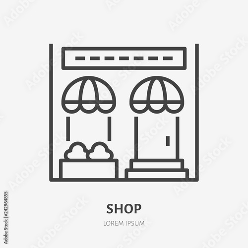 Store flat line icon. Vector thin sign of shop, commercial building rent logo. Cafe exterior illustration