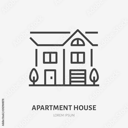 Country house flat line icon. Vector thin sign of summer cottage with trees, suburban property logo. Real estate rent illustration