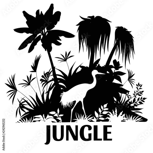 Laser cutting tropical island. Silhouette crane, palm and liana. Vector illustration exotic plants jungle.