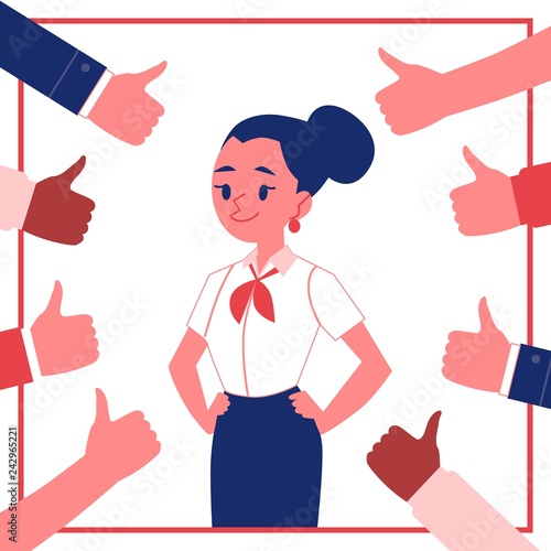 Vector young female employee standing smiling surrounded by thumbs up. Cute woman with happy facial expression gets promotion, recognition for an achievement. Best worker, excellent performance