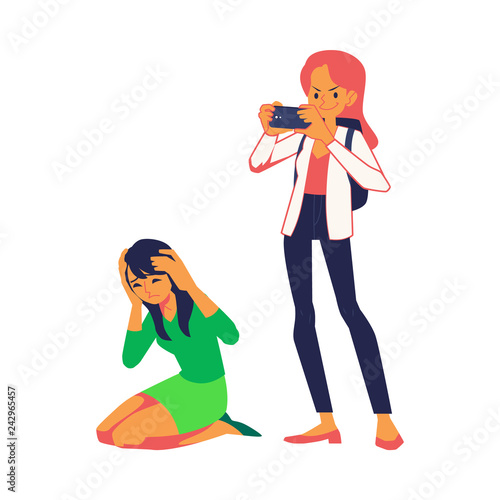 Vector concept of bullying and teen harassment. Young woman making photo of stressed girl in green shirt sitting at knees holding head after act of bullying.
