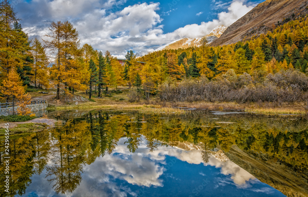 Dolomites Mountains, autumn landscape in the The Martello valley in South Tyrol in the Stelvio National Park, Alps, northern Italy, Europe