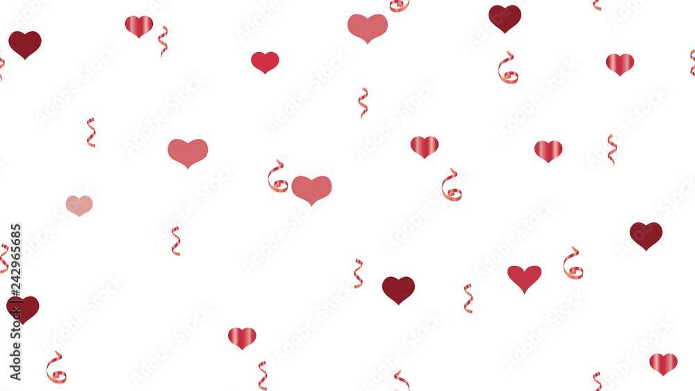 Vector Seamless Pattern on a White Background. Bright Pattern of Hearts and Serpentine. Flying Red confetti. The idea of packaging, textiles, wallpaper, banner, printing.