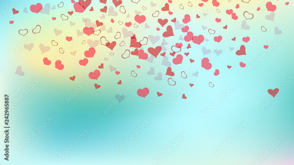 Stylish background. Red hearts of confetti are flying. The idea of wallpaper design, textiles, packaging, printing, holiday invitation for wedding. Red on Gradient background Vector.