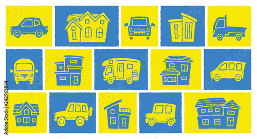 家と車のアイコンギャラリー(版画風加工)上弦バージョン