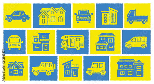 家と車のアイコンギャラリー(版画風加工)