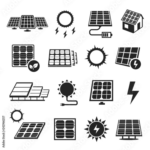 Solar panels technology, black and white icon set