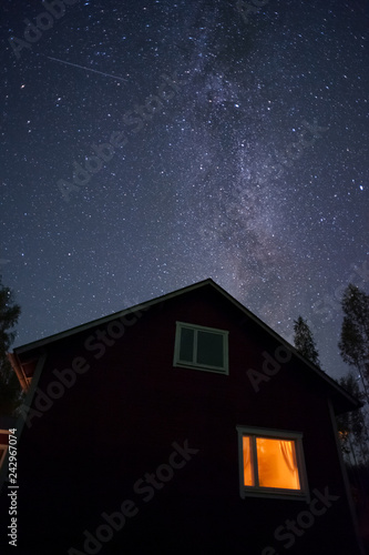 Milky Way and stars above old country house