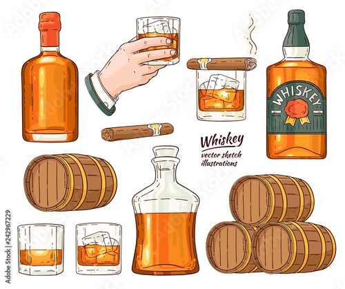 Vector whiskey symbols set. Glass bottle, man hand holding glass of scotch with ice cubes, wooden alcohol barrel, smoking havana cigar sketch icon set. Alcohol product advertising design.