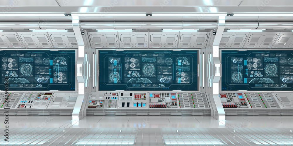 White spaceship interior with control panel digital screens 3D ...