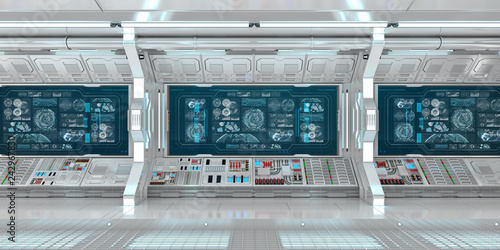 Fototapeta Naklejka Na Ścianę i Meble -  White spaceship interior with control panel digital screens 3D rendering
