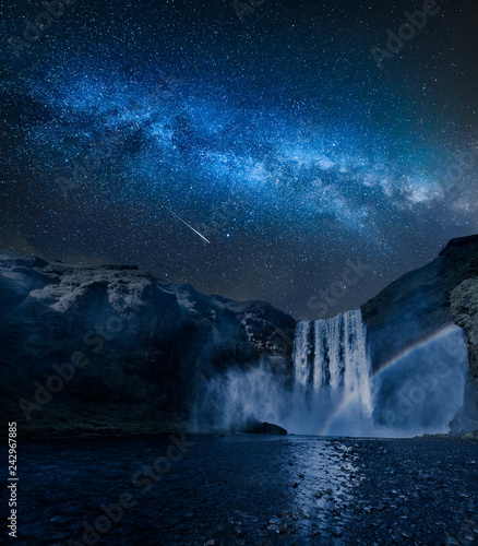Stunning milky way and waterfall Skogafoss in Iceland at night
