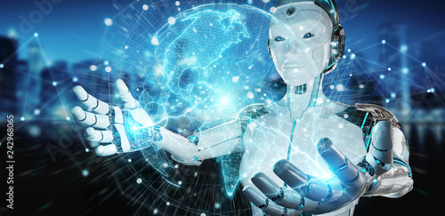 Fototapeta Naklejka Na Ścianę i Meble -  White woman cyborg using planet Earth interface 3D rendering