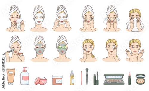 Vector woman stages of applying facial mask and cleaning wace after make-up set. Face skin treatment, therapy and accessories collection. Young woman with towel and spa salon. Cosmetic skincare