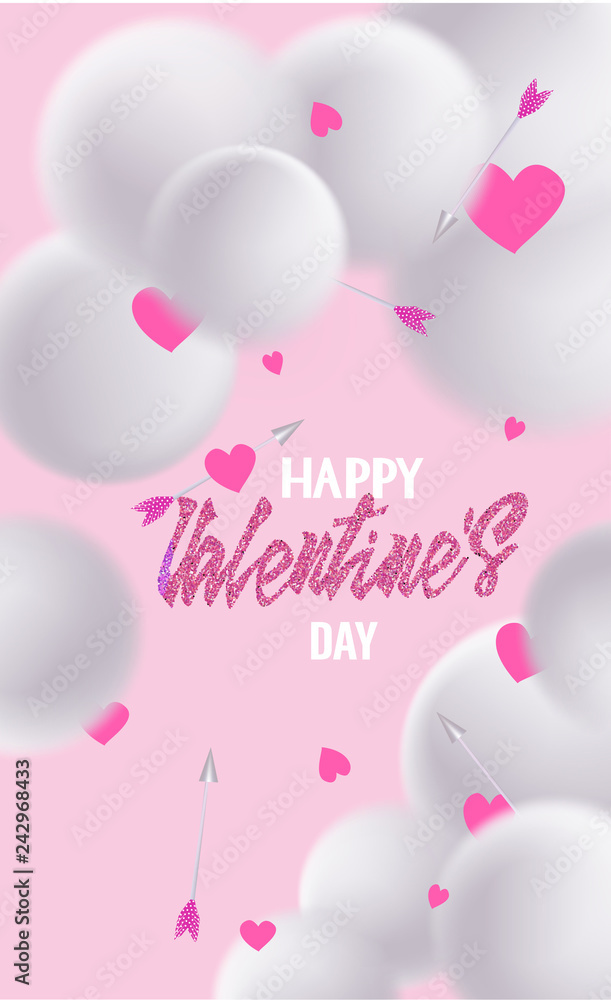 Valentines Day greeting card with hearts, arrows and snow balls. Vector illustration