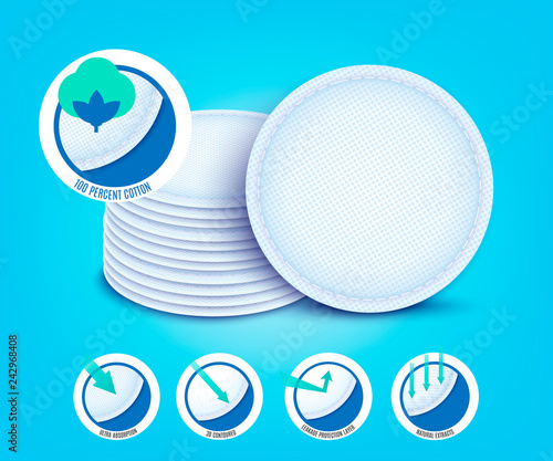Vector cotton pad for female hygiene. Soft circle sponges for makeup cleaning and cosmetic procedures. Realistic napkins disks for pure facials skin care.