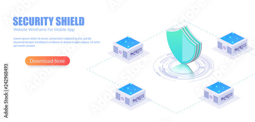 Online server protection system . 3D isometric illustration of security shield server for data protection concept landing page or web template design.