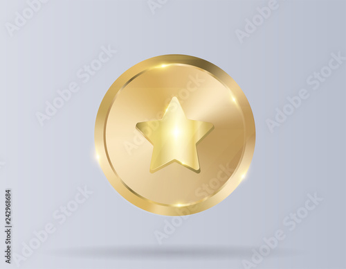 Golden champion medal isolated on white background. Vector realistic 3d illustration. Championship trophy. Sport award. Victory concept