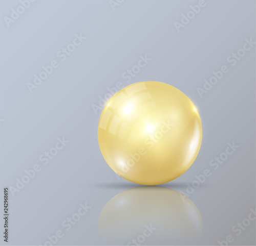 Realistic pearls. gold bubble isolated on gray background. Cosmetic pill capsule of vitamin E, A or argan oil. Golden glass ball template