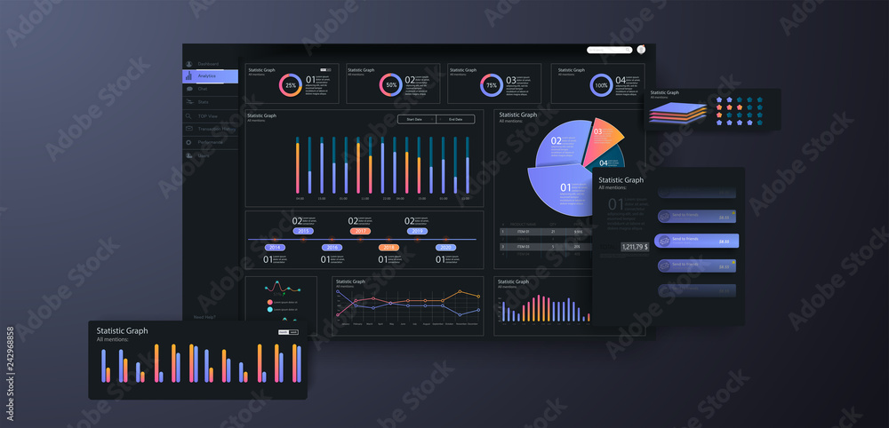 Infographic dashboard template with flat design graphs and charts. Dashboard theme creative infographic