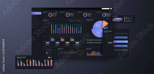 Infographic dashboard template with flat design graphs and charts. Dashboard theme creative infographic
