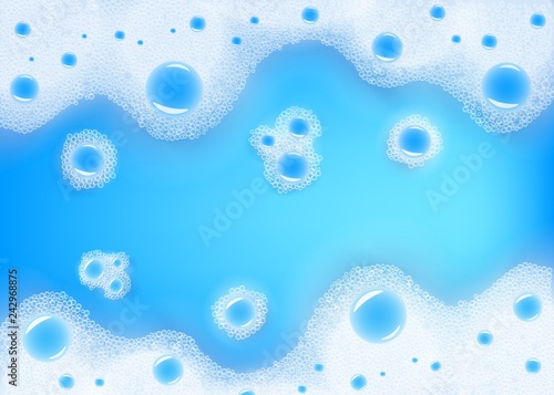 Vector white soap foam in blue liquid background. Water with shampoo or cleaning foam for bath, laundry or skin care related product packaging design backdrop.